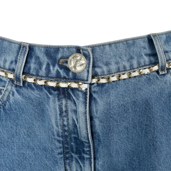 CHANEL 23N COCO NEIGE BLUE STRAIGHT JEANS WITH WHITE LEATHER CHAIN TRIMS SIZE 36 - Picture 9 of 16